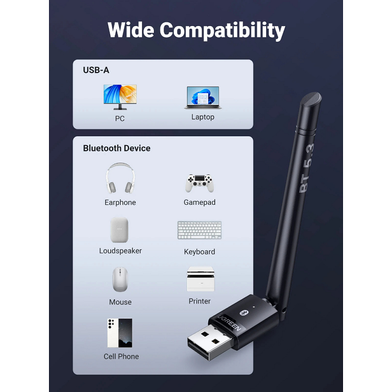 Ugreen 15610 bt v5.3 có antenna phát xa 100m theo 1 hướng không vật cản usb Bluetooth 5.3